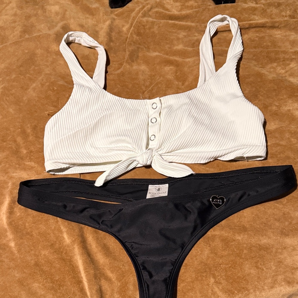 Thong bikini White Button-Front Bikini Top and Black Bottom